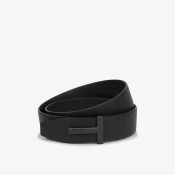 Двусторонний кожаный ремень с фирменной бляшкой Tom Ford, черный