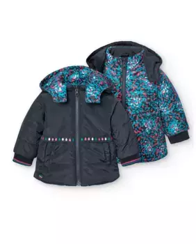 Двусторонний пуховик для девочки с капюшоном и регулируемой талией Boboli, серый