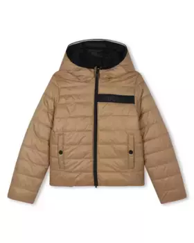 Двусторонний пуховик для мальчика с капюшоном BOSS Kidswear, светло-коричневый