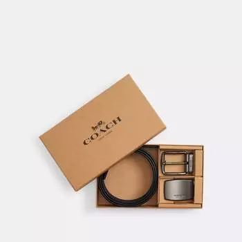 Двусторонний ремень в упаковке с металлической пластинкой и пряжкой Coach Outlet, 38 мм, цвет Gunmetal/Charcoal/Black