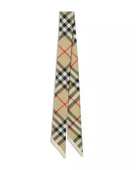 Двусторонний шелковый узкий шарф в клетку Burberry, цвет Tan/Beige