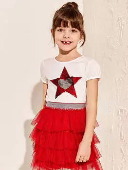 Двусторонняя хлопковая футболка для девочек с круглым вырезом, расшитая блестками, с короткими рукавами LCW Kids