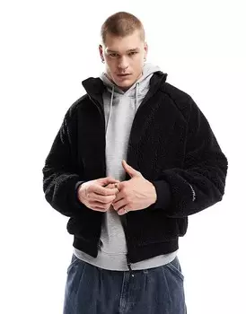 Двусторонняя куртка Bershka из искусственной овчины черного цвета