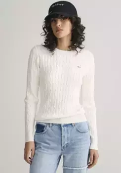 Джантовый вязаный свитер "STRETCH COTTON CABLE C-NECK" с вышитым логотипом на груди Gant, цвет Eggshell