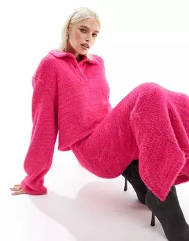 Джемпер Asos Design Fluffy Cropped Polo Co-ord, ярко-розовый