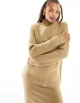 Джемпер Asos Design Oversized Rib With Grown On Neck In Rib Co-ord, бежевый