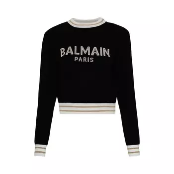 Джемпер Balmain Logo Intarsia Knitted Cropped Jumper, цвет Black/Natural/Gold