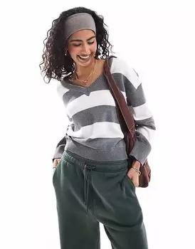 Джемпер Cotton On в стиле преппи с V-образным вырезом в серо-белую полоску