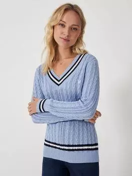 Джемпер для крикета с v-образным вырезом из кабельной вязки Crew Clothing, синий