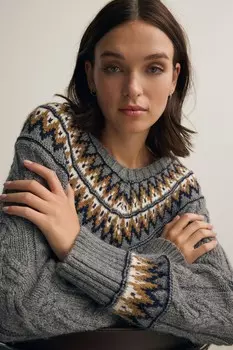 Джемпер Fairisle с V образным вырезом и косичной вязкой Next, серый