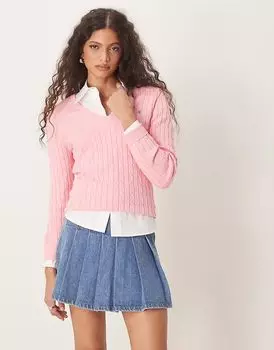 Джемпер GANT из хлопковой пряжи с V-образным вырезом и логотипом розового цвета