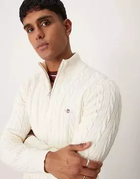 Джемпер GANT из хлопковой пряжи с застежкой-молнией на половину длины и логотипом кремового цвета