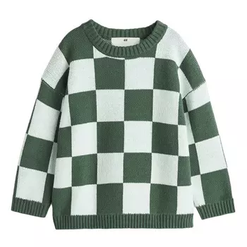 Джемпер H&amp;M Jacquard-knit, темно-зеленый/белый в клетку