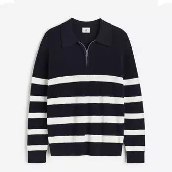 Джемпер H&M Loose Fit Half-zip Polo, темно-синий/белый