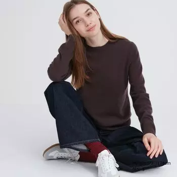 Джемпер из 100% кашемира с круглым вырезом Uniqlo, темно коричневый