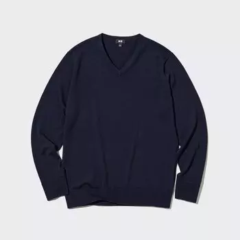 Джемпер из 100% очень тонкой шерсти мериноса с V-образным вырезом UNIQLO, темно-синий