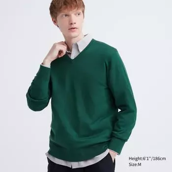 Джемпер из 100% очень тонкой шерсти мериноса с V-образным вырезом Uniqlo, зеленый