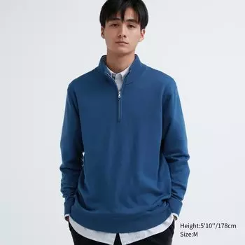 Джемпер из 100% шерсти мериноса с полумолнией до половины Uniqlo, синий