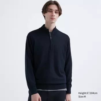 Джемпер из 100% шерсти мериноса с полумолнией до половины Uniqlo, темно-синий