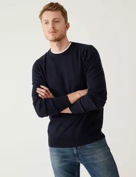 Джемпер из чистого хлопка с круглым вырезом Marks & Spencer, темно-синий