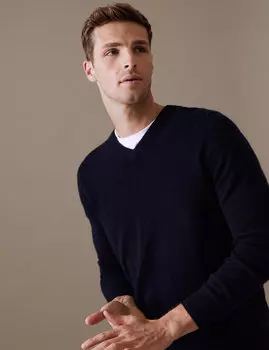 Джемпер из чистого кашемира с V-образным вырезом Autograph, темно-синий