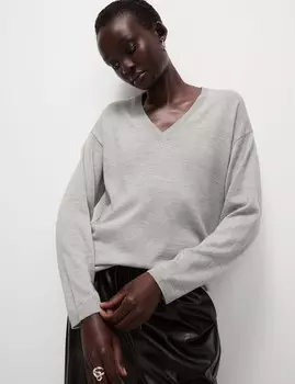 Джемпер из чистой мериносовой шерсти с V-образным вырезом Marks & Spencer, серый мергель