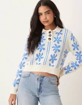 Джемпер из хлопка с цветочным принтом OMNES Loren синего цвета