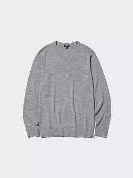 Джемпер из мериноса с v образным вырезом Uniqlo, серый