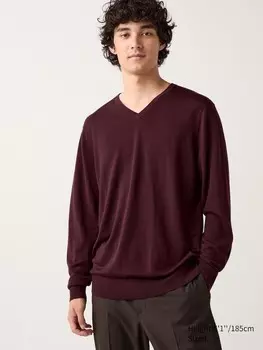Джемпер из мериноса с v образным вырезом Uniqlo, бордовый