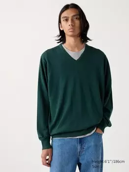 Джемпер из мериноса с v образным вырезом Uniqlo, зеленый