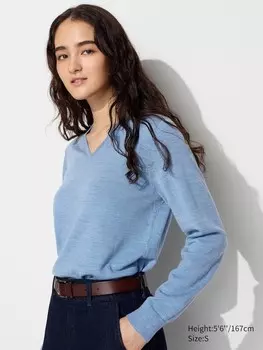 Джемпер из мериноса с v образным вырезом Uniqlo, синий