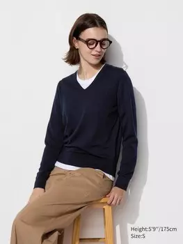 Джемпер из мериноса с v образным вырезом Uniqlo, синий