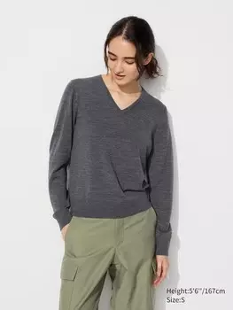 Джемпер из мериноса с v образным вырезом Uniqlo, серый