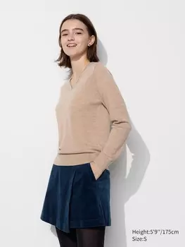 Джемпер из мериноса с v образным вырезом Uniqlo, бежевый