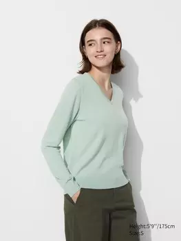 Джемпер из мериноса с v образным вырезом Uniqlo, зеленый