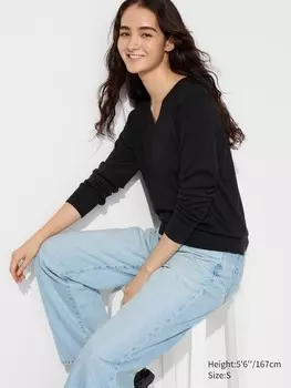 Джемпер из мериноса с v образным вырезом Uniqlo, черный