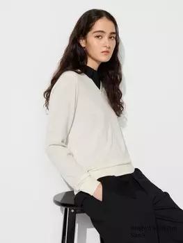Джемпер из мериноса с v образным вырезом Uniqlo, цвет 01 белый