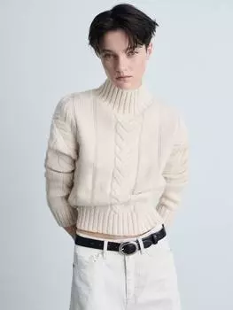 Джемпер из полушерстяной смеси yogui кабельной вязки Mango, светло-бежевый