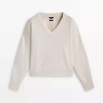 Джемпер Massimo Dutti Wool And Cashmere Blend V-neck, кремовый