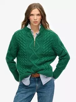 Джемпер на молнии наполовину из аранской кабельной вязки Superdry, цвет Dark Pine Green