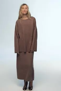 Джемпер однотяжной вязки с карманом ZARA, норковый мергель