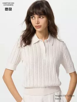 Джемпер-Поло из хлопка с ажурным узором (короткий рукав) Uniqlo, белый