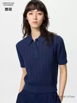 Джемпер-Поло из хлопка с ажурным узором (короткий рукав) Uniqlo, синий
