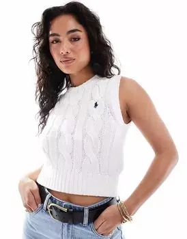 Джемпер Polo Ralph Lauren без рукавов с косичной вязкой и логотипом белого цвета