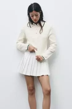Джемпер поло с вырезом лодочкой из кабельной вязки ZARA, цвет Ecru/Navy