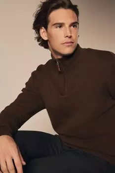 Джемпер прямого кроя из 100% хлопка премиум класса с застежкой молнией на воротнике Next, коричневый