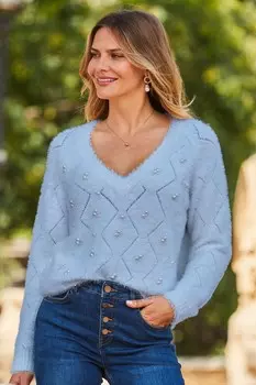 Джемпер с ажурной отделкой из жемчуга Sosandar, синий