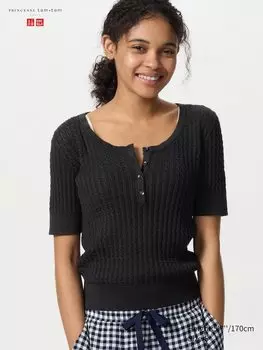 Джемпер с ажурной вязкой и воротником-хомутом (короткий рукав) Uniqlo, черный