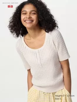 Джемпер с ажурной вязкой и воротником-хомутом (короткий рукав) Uniqlo, белый