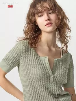 Джемпер с ажурной вязкой и воротником-хомутом (короткий рукав) Uniqlo, зеленый